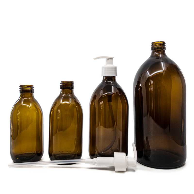 Bottiglia di vetro ambra, 250 ml, dosatore bianco, 28 mm