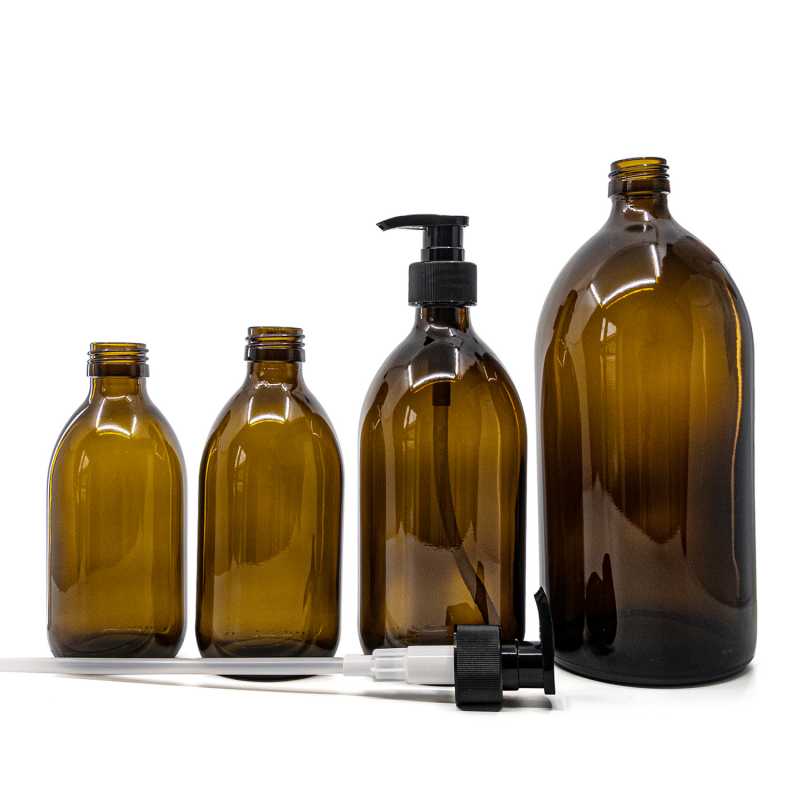 Bottiglia di vetro ambra, 250 ml, dosatore nero, collare zigrinato, 28 mm