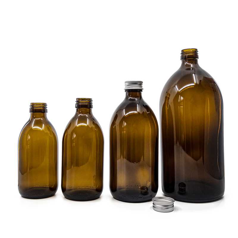 Bottiglia in vetro ambra, 250 ml, tappo in alluminio argentato