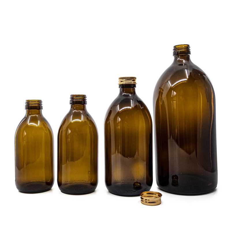 Bottiglia in vetro ambrato, 250 ml, tappo in alluminio dorato