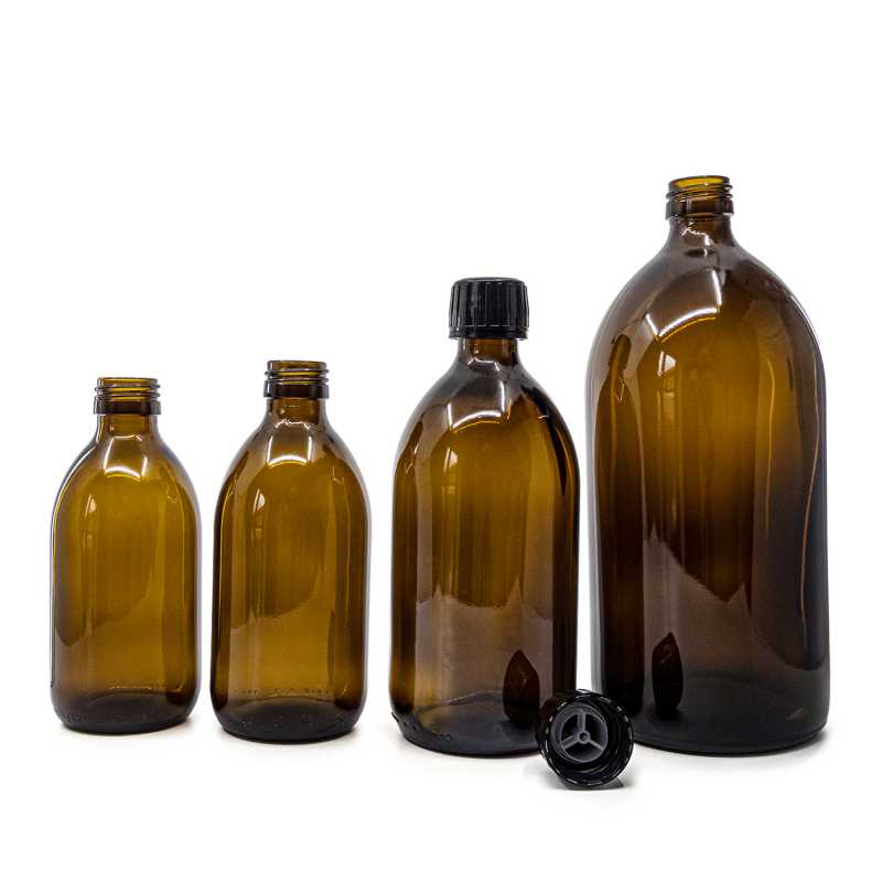 Bottiglia di vetro ambra, 28 mm, tappo nero con inserto versatore, 500 ml
