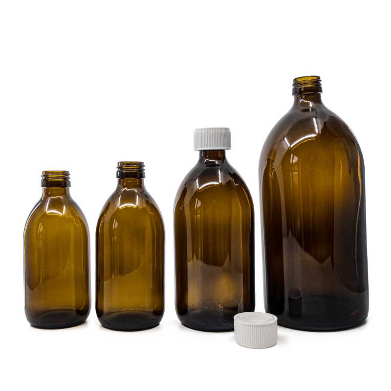 Bottiglia di vetro marrone, 28 mm, tappo di sicurezza bianco, 250 ml