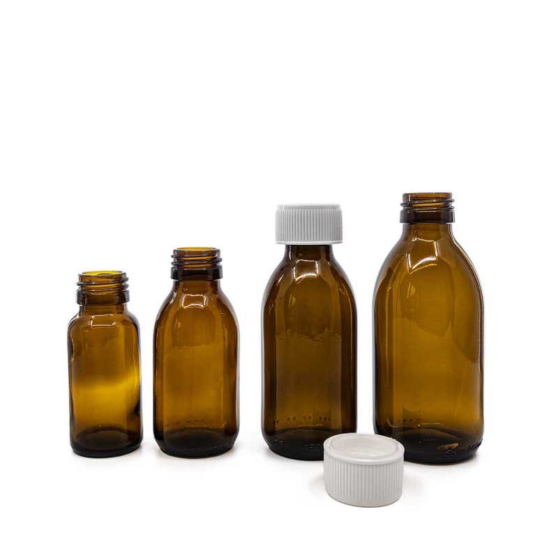 Flacone di vetro ambra, tappo di sicurezza bianco, 50 ml