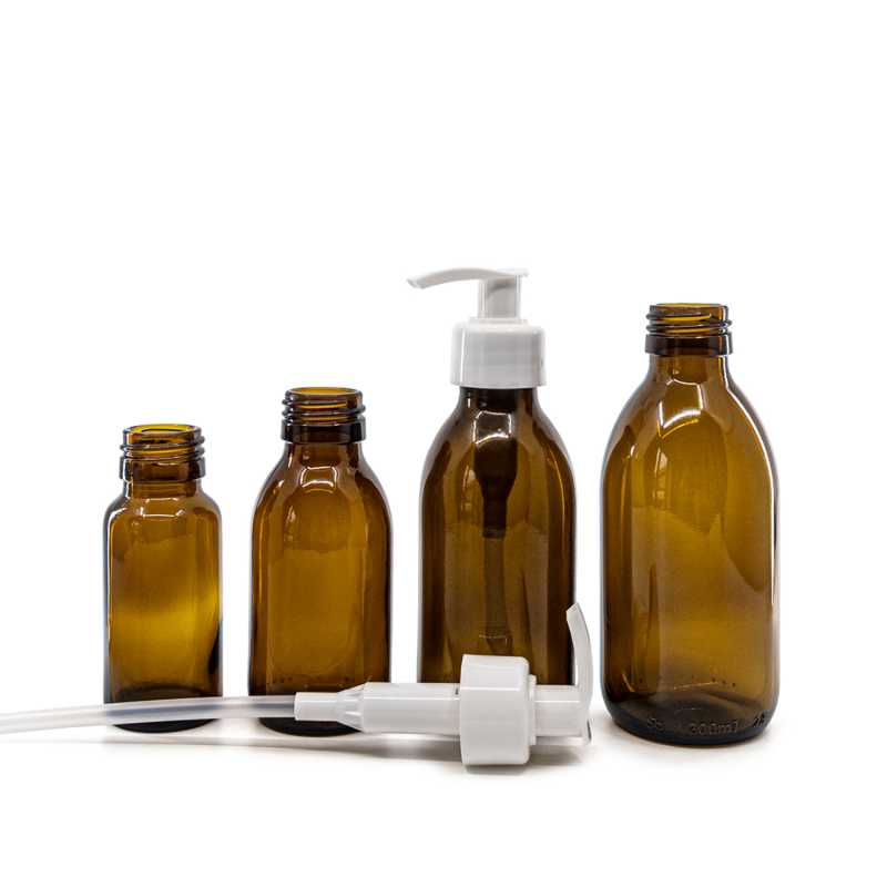 Flacone di vetro ambrato, 28 mm, dosatore bianco, 200 ml