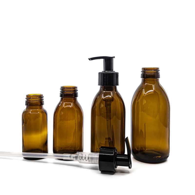 Bottiglia di vetro ambra, pompa nera liscia, 200 ml