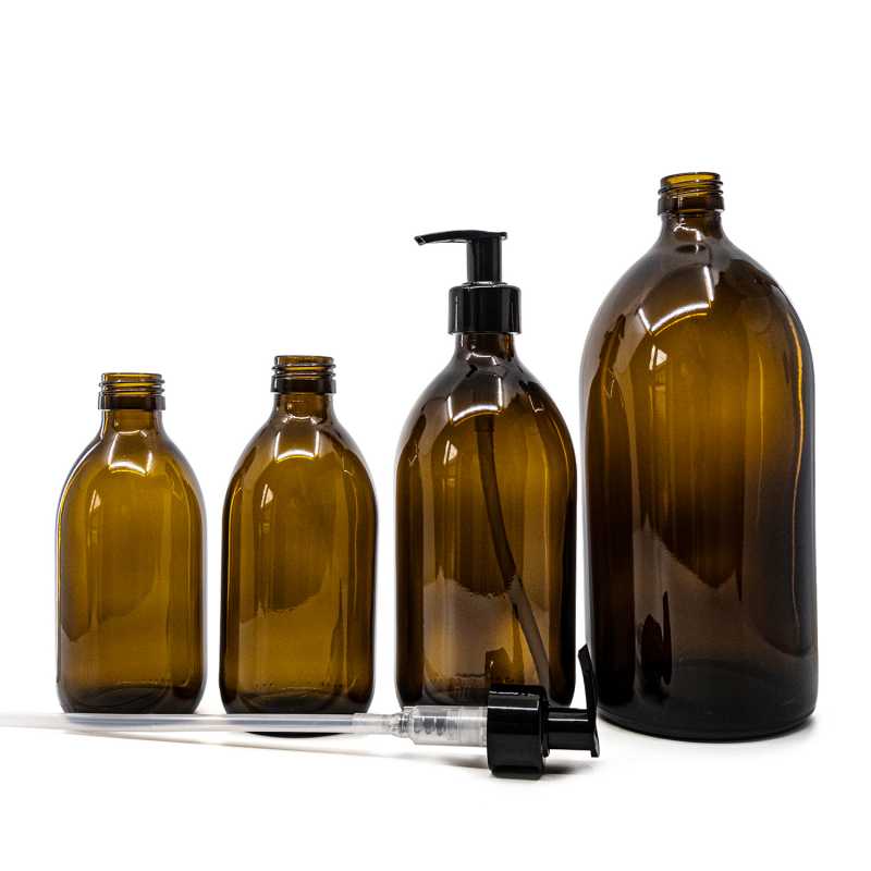 Bottiglia di vetro marrone, dosatore nero liscio, 300 ml