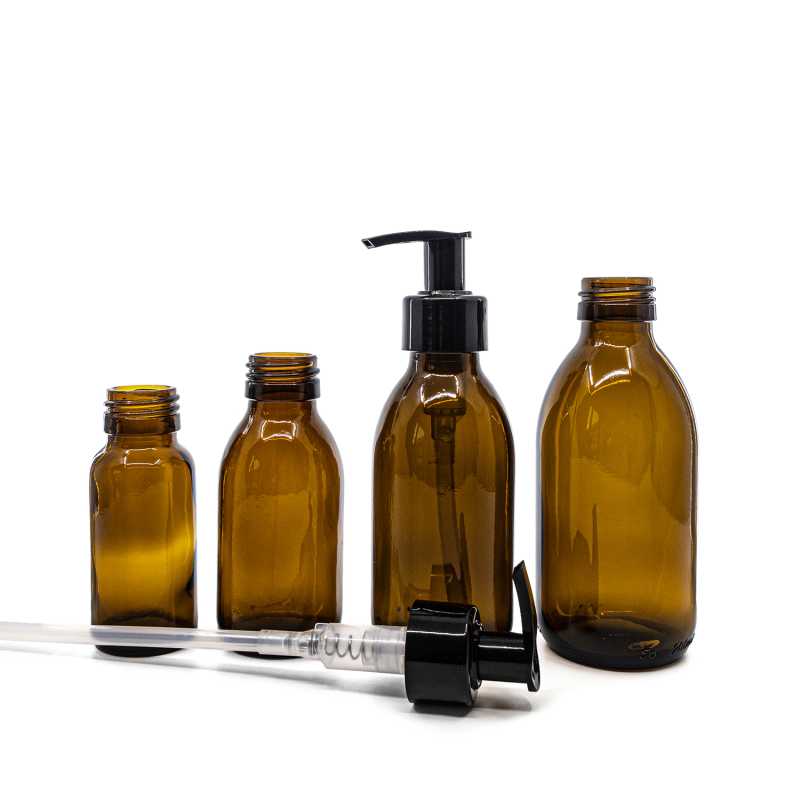 Flaconcino di vetro ambra, 28 mm, dosatore nero liscio, 50 ml