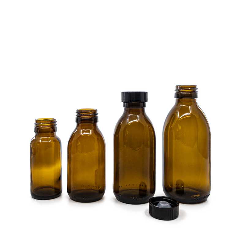 Flaconcino di vetro ambra, 28 mm, tappo nero basso, 50 ml