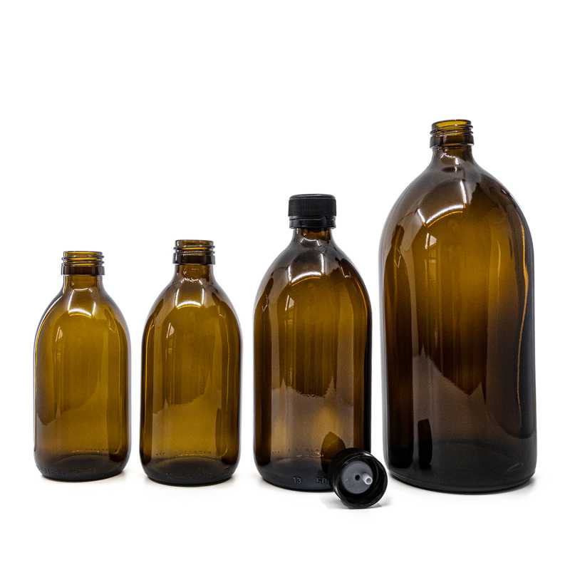 Bottiglia di vetro ambrata, 28 mm, tappo in plastica nera con contagocce interno, 300 ml