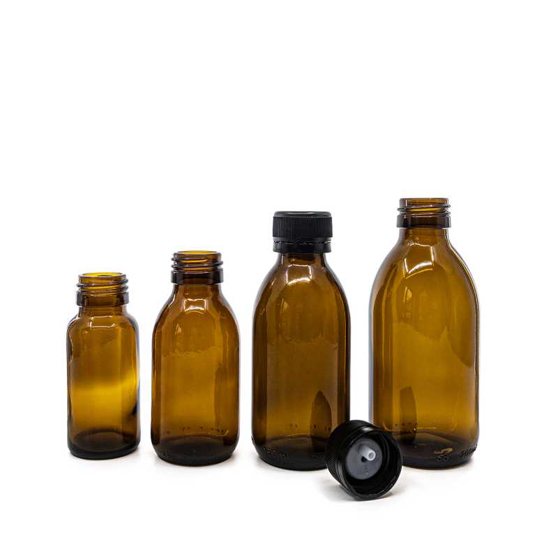 Flaconcino di vetro ambrato, 28 mm, tappo in plastica nero con contagocce interno, 50 ml