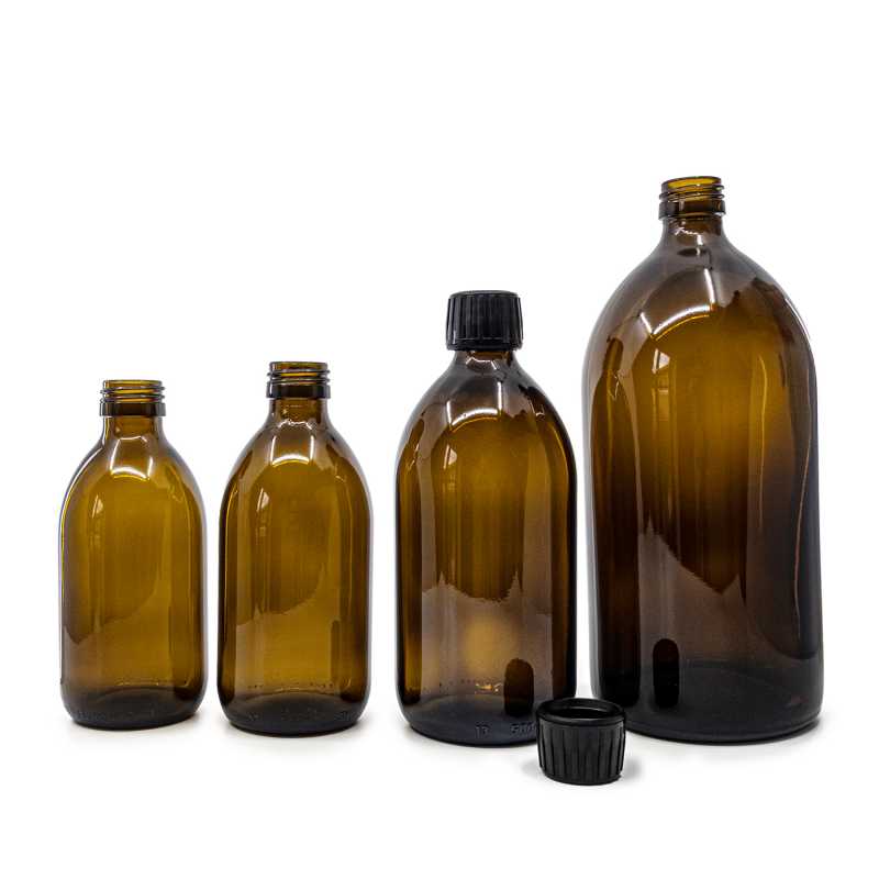 Bottiglia di vetro ambra, 28 mm, tappo nero, 1 l