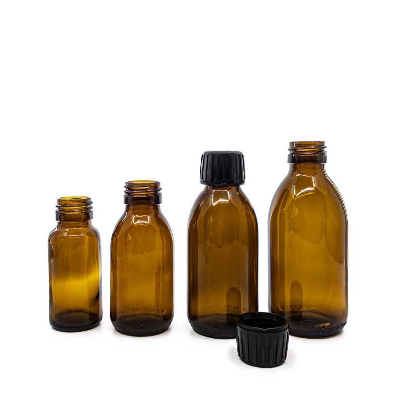 Bottiglia di vetro marrone, 28 mm, tappo nero, 200 ml