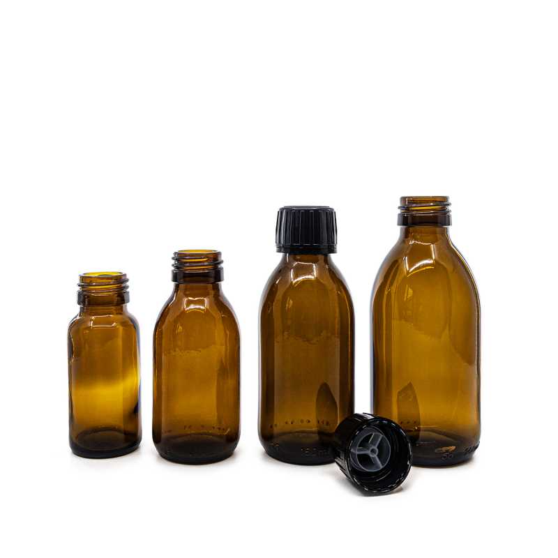 Bottiglia di vetro ambra, 28 mm, tappo nero con inserto versatore, 200 ml