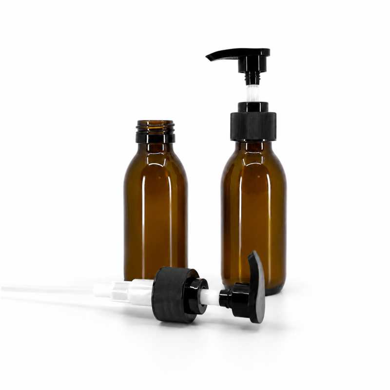 Flacone di vetro marrone, dosatore zigrinato nero, 100 ml
