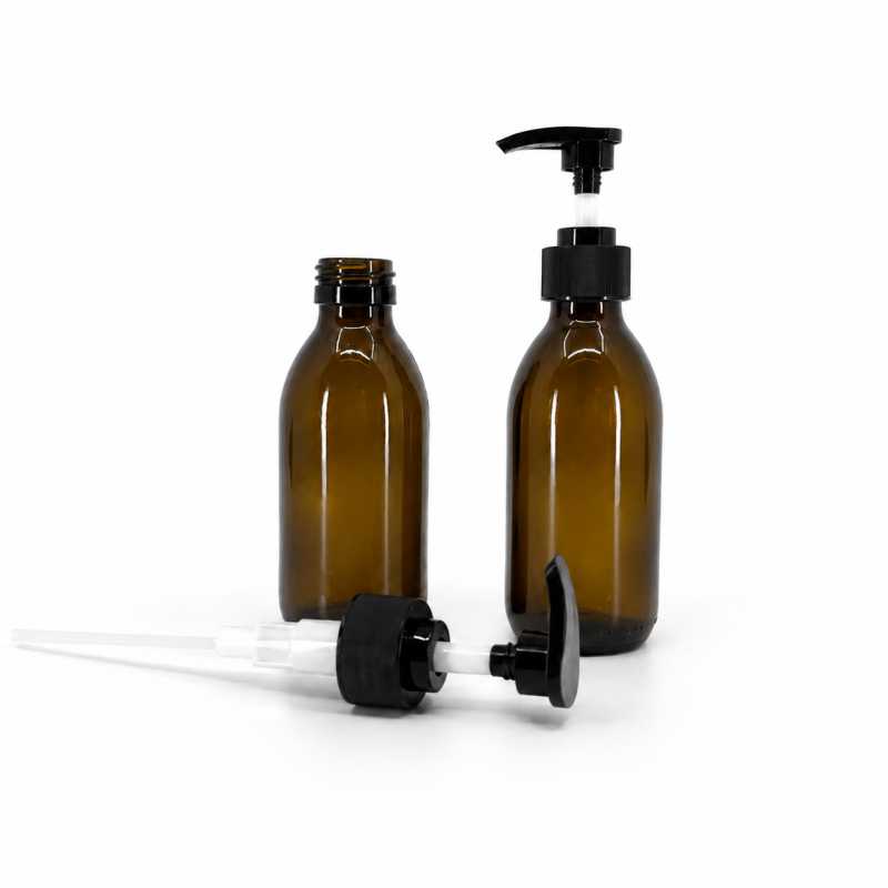 Bottiglia di vetro marrone, 28 mm, dosatore zigrinato nero, 150 ml
