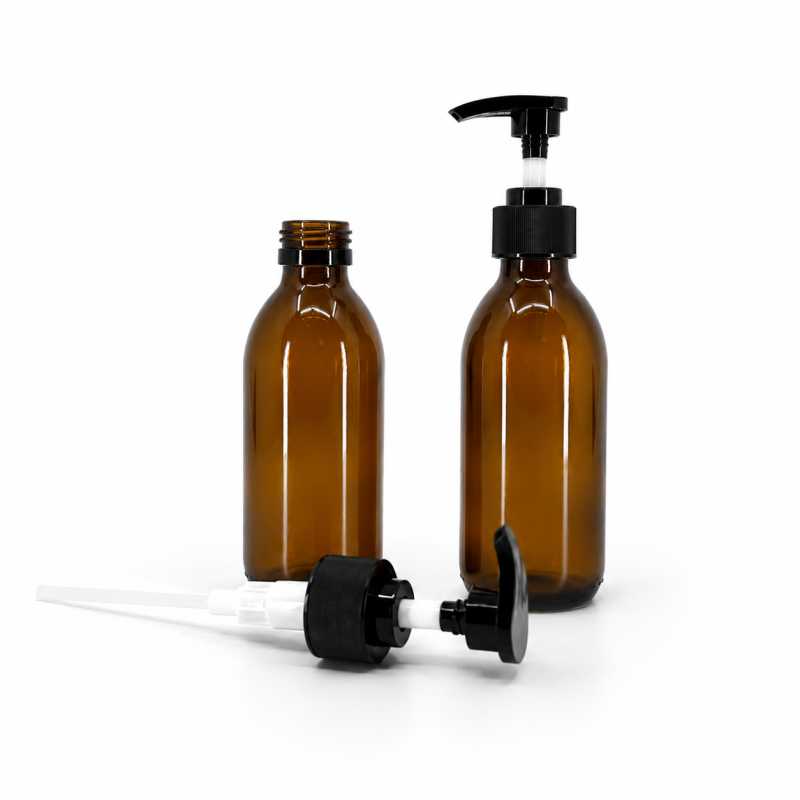 Bottiglia di vetro ambra, 28 mm, dosatore zigrinato nero, 200 ml