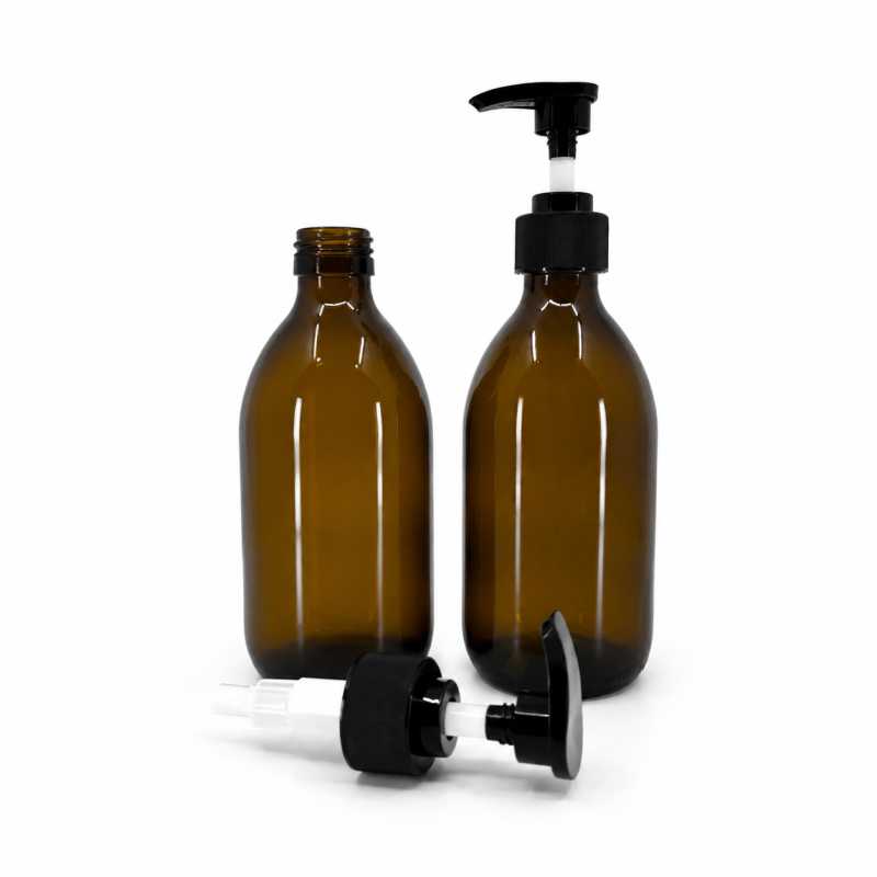Bottiglia di vetro ambra, dosatore per sciroppo, 28 mm, pompa nera zigrinata, 300 ml