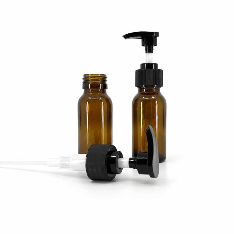 Flacone di vetro ambra, 28 mm, dosatore zigrinato nero, 50 ml
