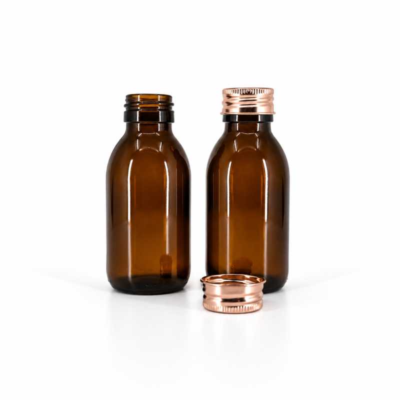 Flacone di vetro ambrato, collo 28 mm, tappo in alluminio oro rosa, 100 ml
