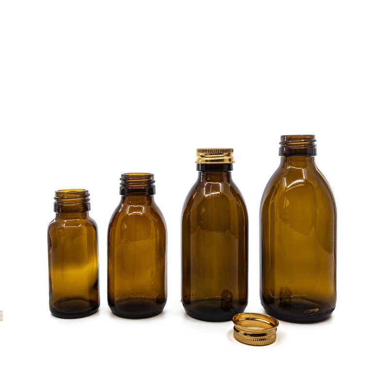 Bottiglia di vetro ambra, 28 mm, tappo in alluminio oro rosa, 200 ml