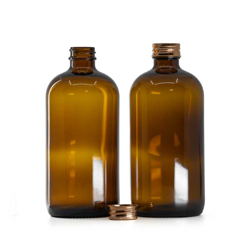 Bottiglia di vetro ambra, 28 mm, tappo in alluminio oro rosa, 480 ml