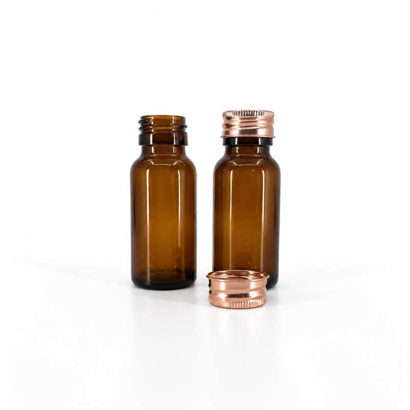 Flacone di vetro ambra, 50 ml, 28 mm, tappo in alluminio oro rosa