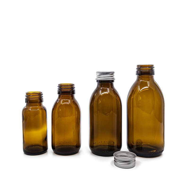 Flacone di vetro ambra rotondo per sciroppo, 28 mm, tappo in alluminio argentato, 50 ml