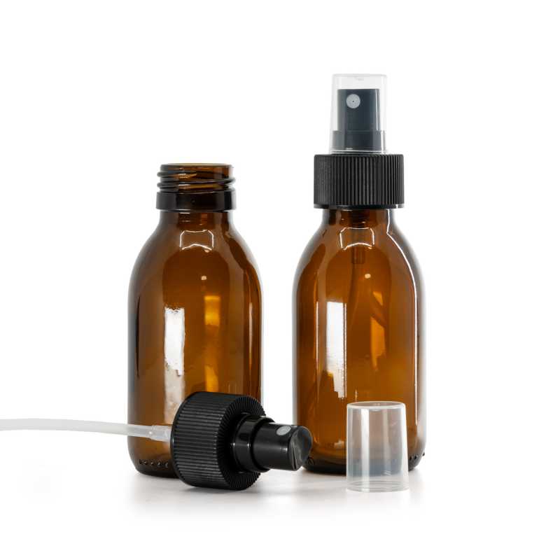 Flacone di vetro, collo 28 mm, spruzzatore in plastica, nero, anello zigrinato, 28/410, 100 ml