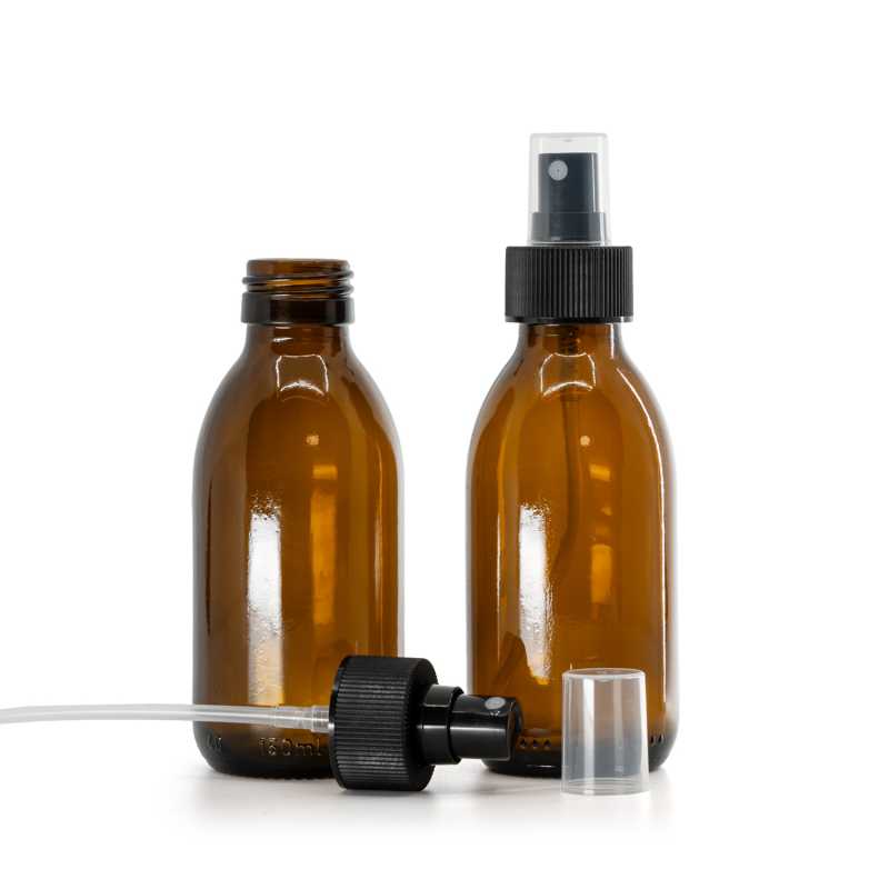 Bottiglia di vetro marrone, PP28, spruzzatore a nebulizzazione fine in plastica, nero, anello zigrinato, 28/410, 150 ml