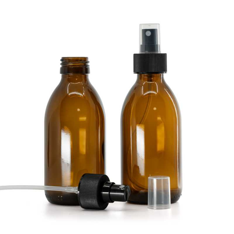 Bottiglia in vetro ambra, spruzzatore nero, collare zigrinato, 28/410, 200 ml