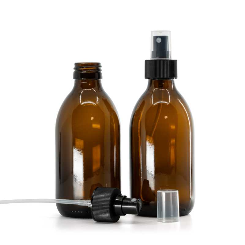 Bottiglia di vetro ambra, spruzzatore nero, collare zigrinato, 28/410, 250 ml