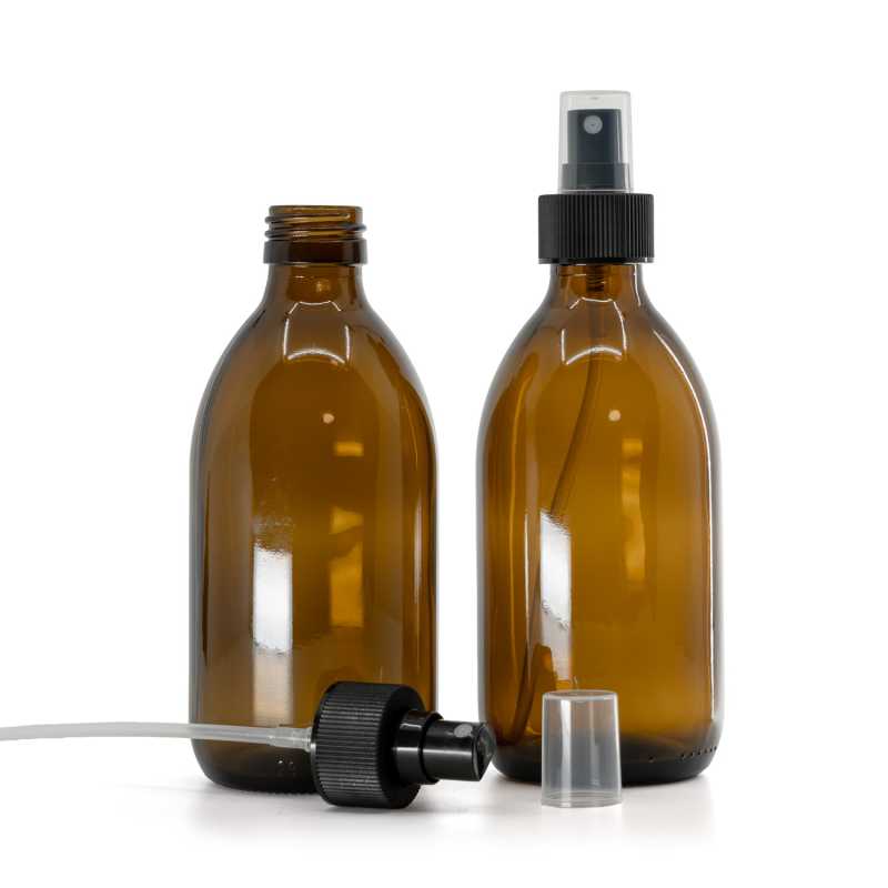 Bottiglia di vetro ambra, spruzzatore in plastica, nero, anello zigrinato, 300 ml