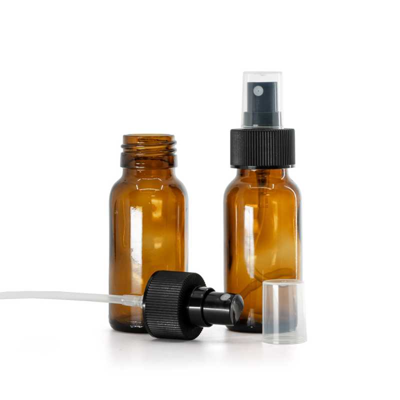 Flaconcino di vetro marrone, spruzzatore nero, collare zigrinato, 50 ml