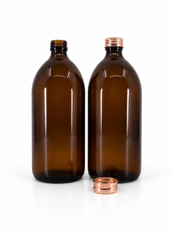 Bottiglia di vetro ambra, 28 mm, tappo oro rosa, 1 l