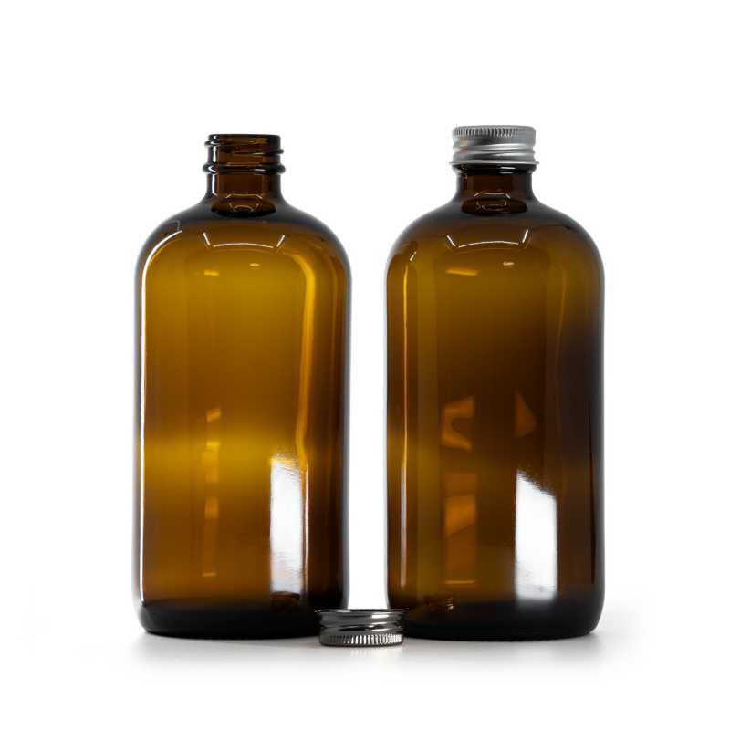 Bottiglia di vetro ambra, tappo argentato, 480 ml
