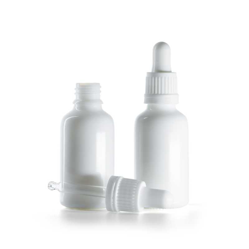 Flacone in vetro, bianco, contagocce bianco, 30 ml