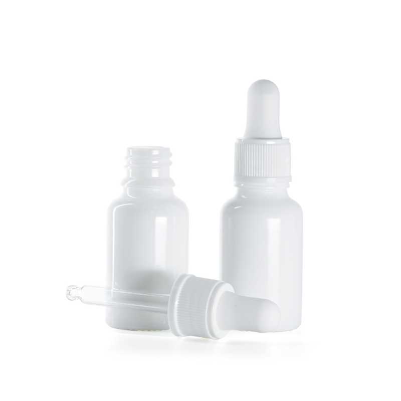 Flacone in vetro, bianco, contagocce bianco opaco, 15 ml
