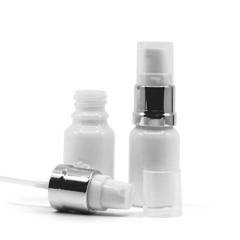 Flacone contagocce in vetro, bianco, dosatore bianco argento lucido, 10 ml