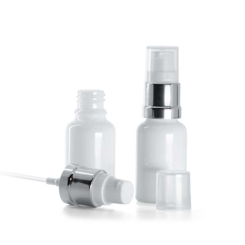 Flacone in vetro, bianco, dosatore bianco argento lucido, 15 ml
