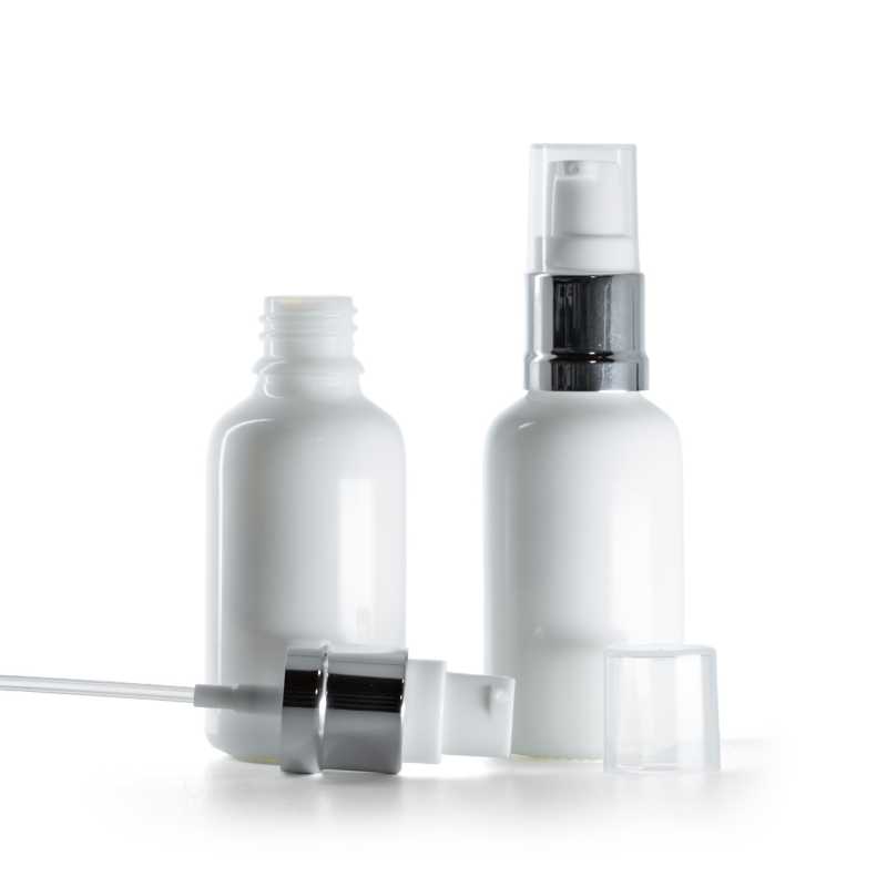 Flacone in vetro, bianco, dosatore bianco argento lucido, 30 ml
