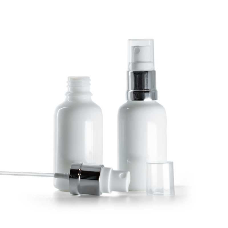 Flacone in vetro, flacone farmaceutico, bianco, spruzzatore bianco e argento lucido, 30 ml