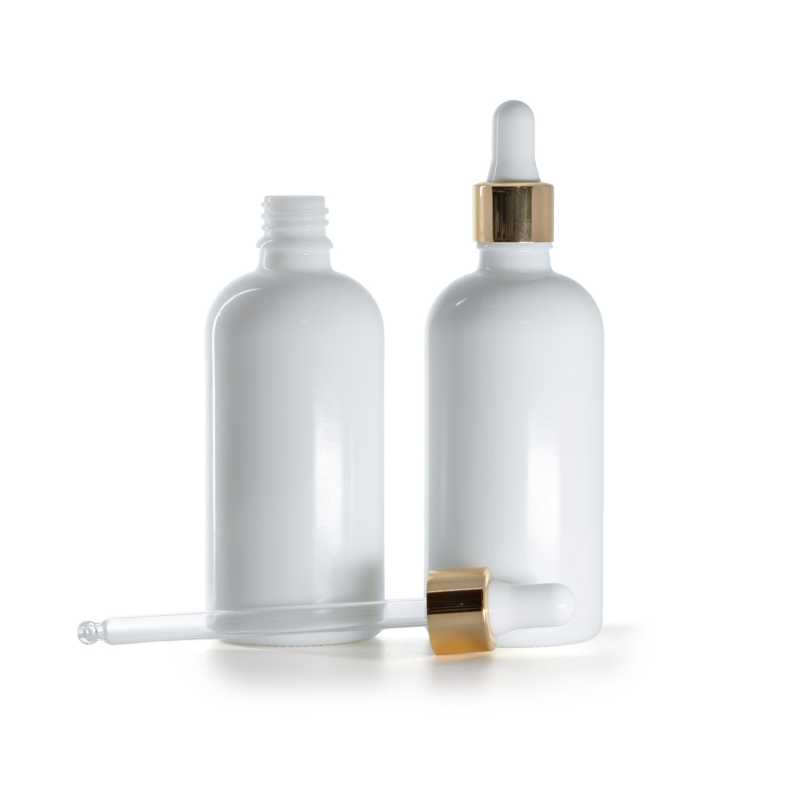 Bottiglia in vetro, bianca, contagocce bianco oro, 100 ml