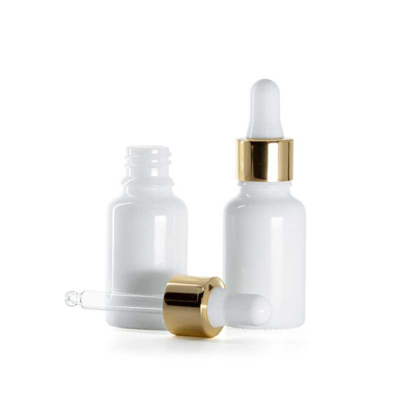 Bottiglia in vetro, bianca, contagocce bianco e oro, 15 ml