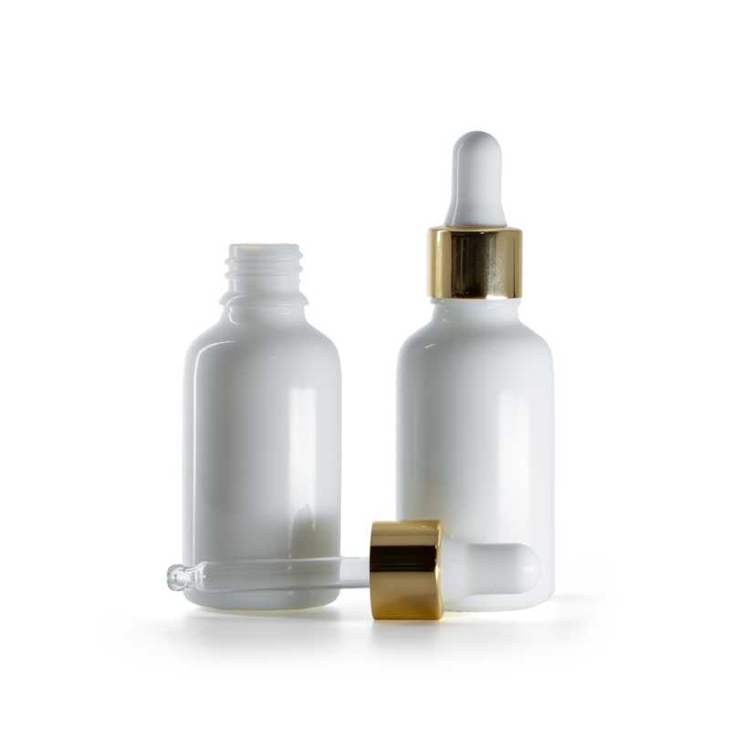 Flacone in vetro, bianco, contagocce bianco e oro, 30 ml