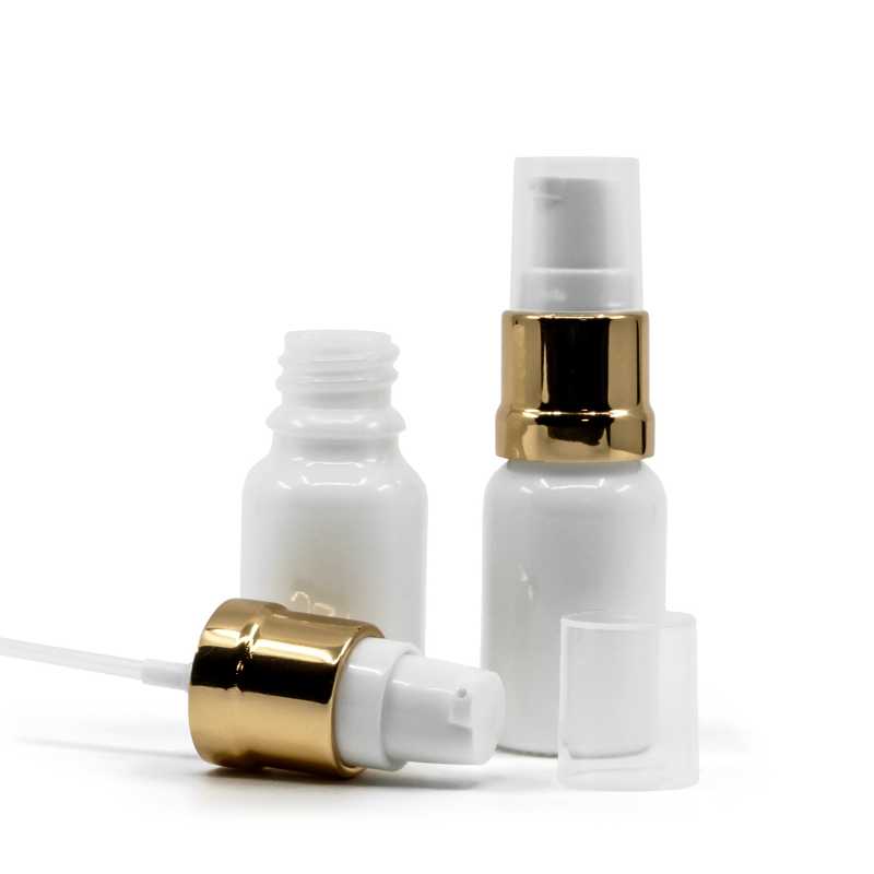 Flacone in vetro, bianco, dosatore bianco oro lucido, 10 ml