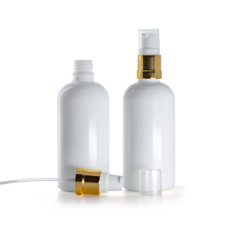 Flacone in vetro, bianco, dosatore bianco oro lucido, 100 ml