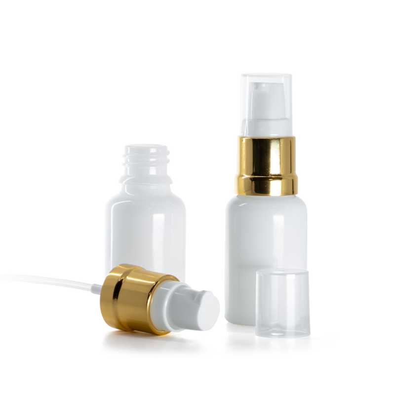 Flacone in vetro, bianco, dosatore bianco oro lucido, 15 ml