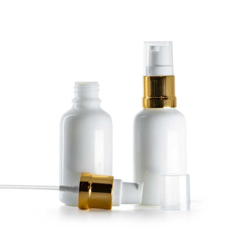Flacone in vetro, bianco, dosatore bianco e oro lucido, 30 ml