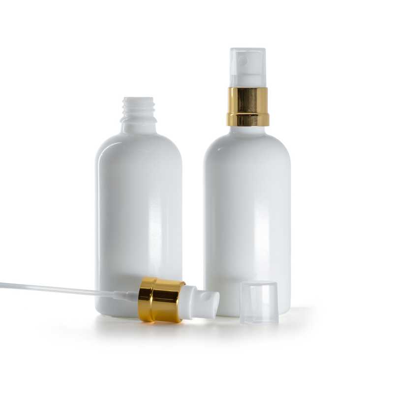 Flacone in vetro, bianco, spruzzatore bianco-oro, 100 ml