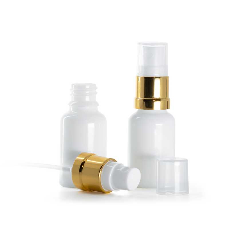Bottiglia in vetro, bianca, spruzzatore bianco oro lucido, 15 ml